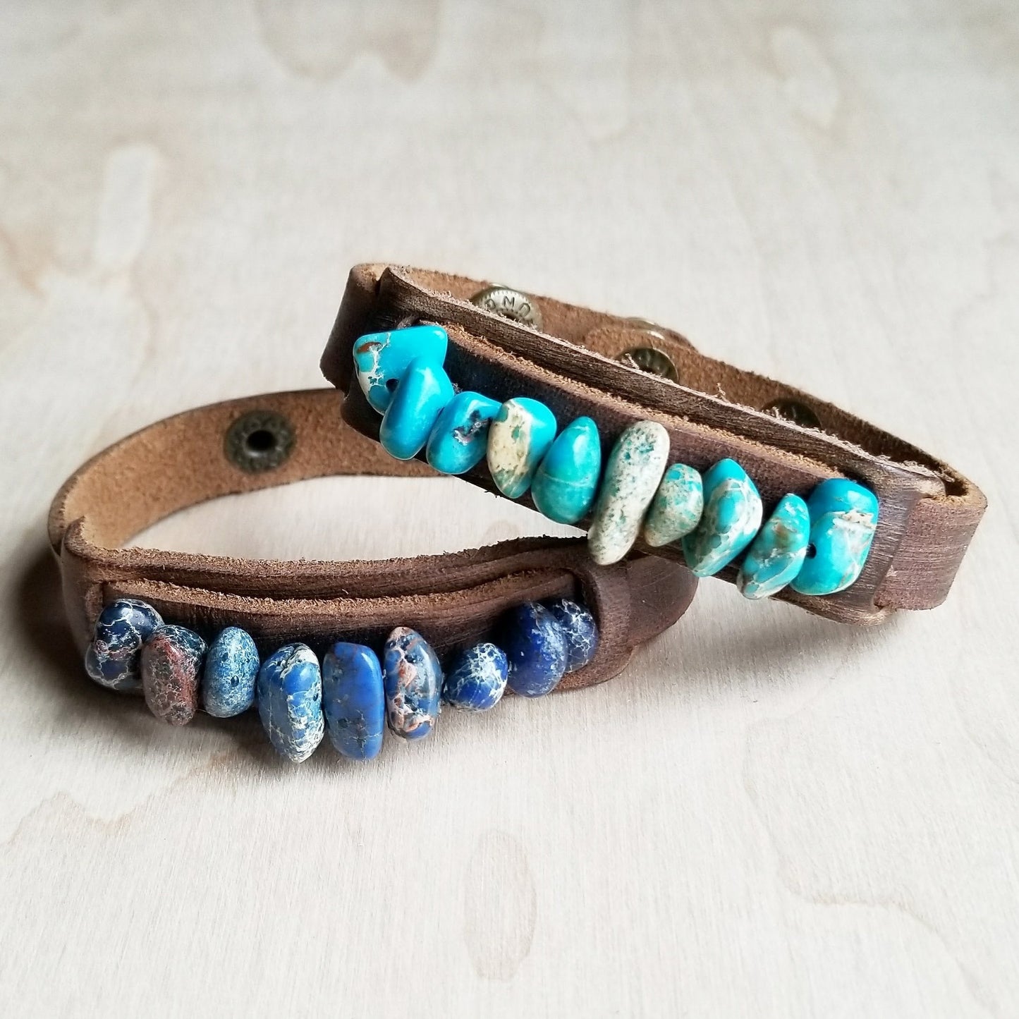 Genuine Leather Narrow Cuff with Turquoise Regalite Stones 006v
