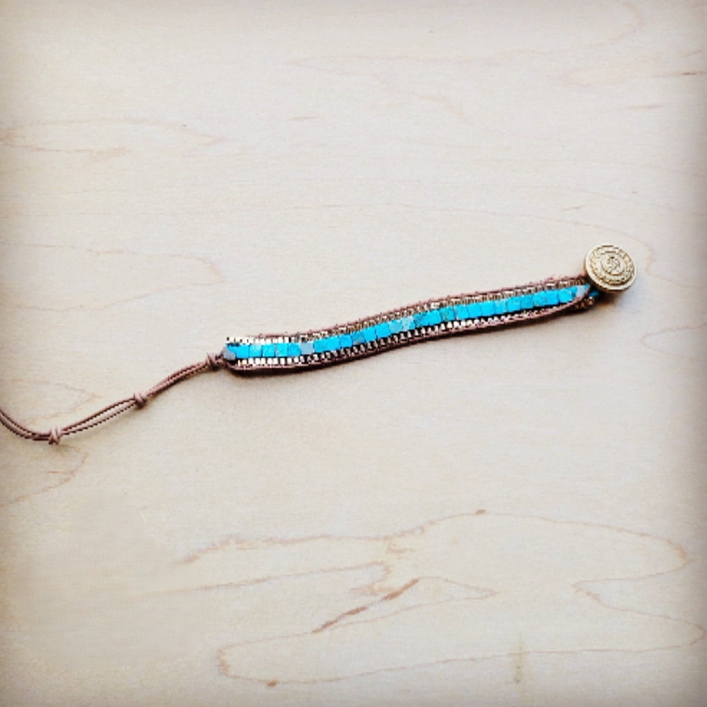 Woven Turquoise & Bronze Stacked Stone Bracelet 809r