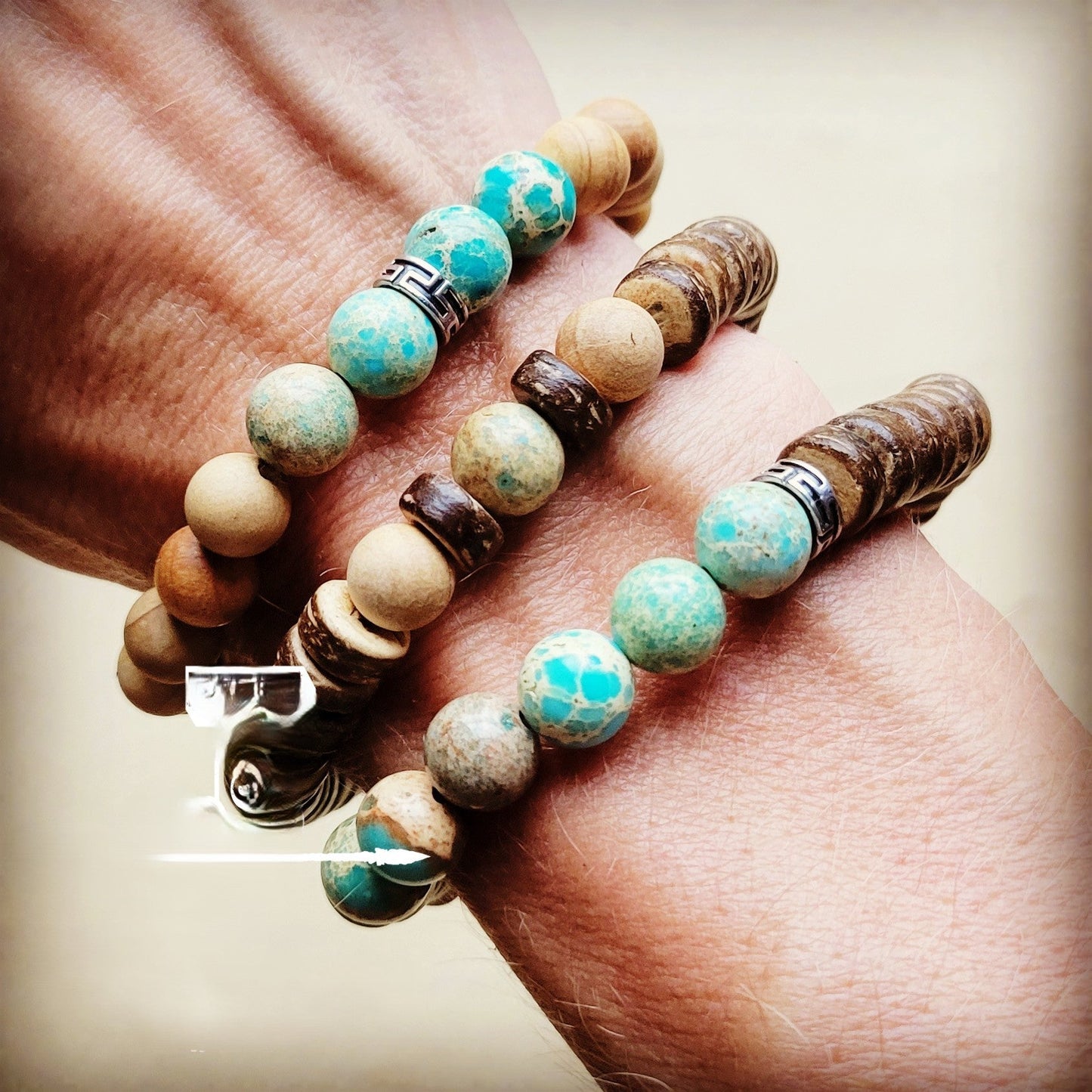 Wood and Imperial Jasper Stretch Bracelet Trio 808a