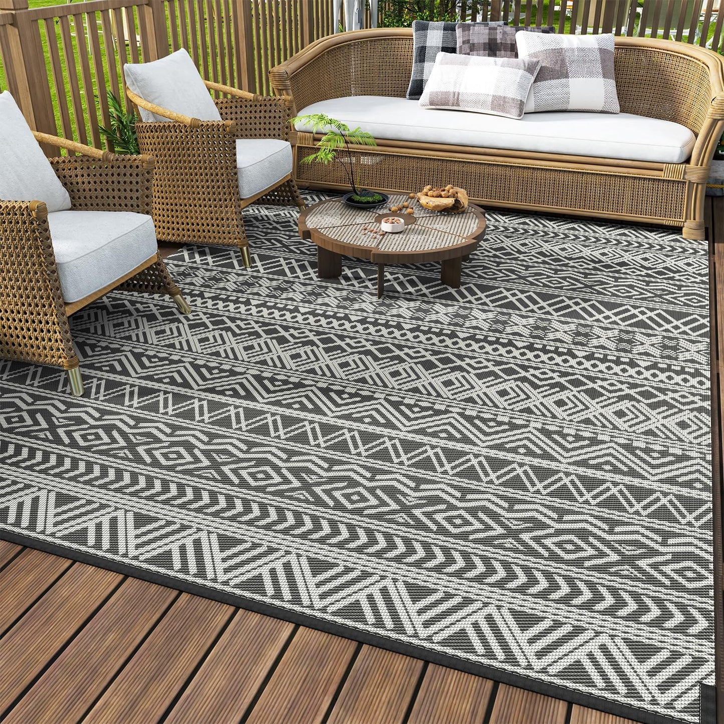 Reversible Outdoor Rug for Camping Boho Grey