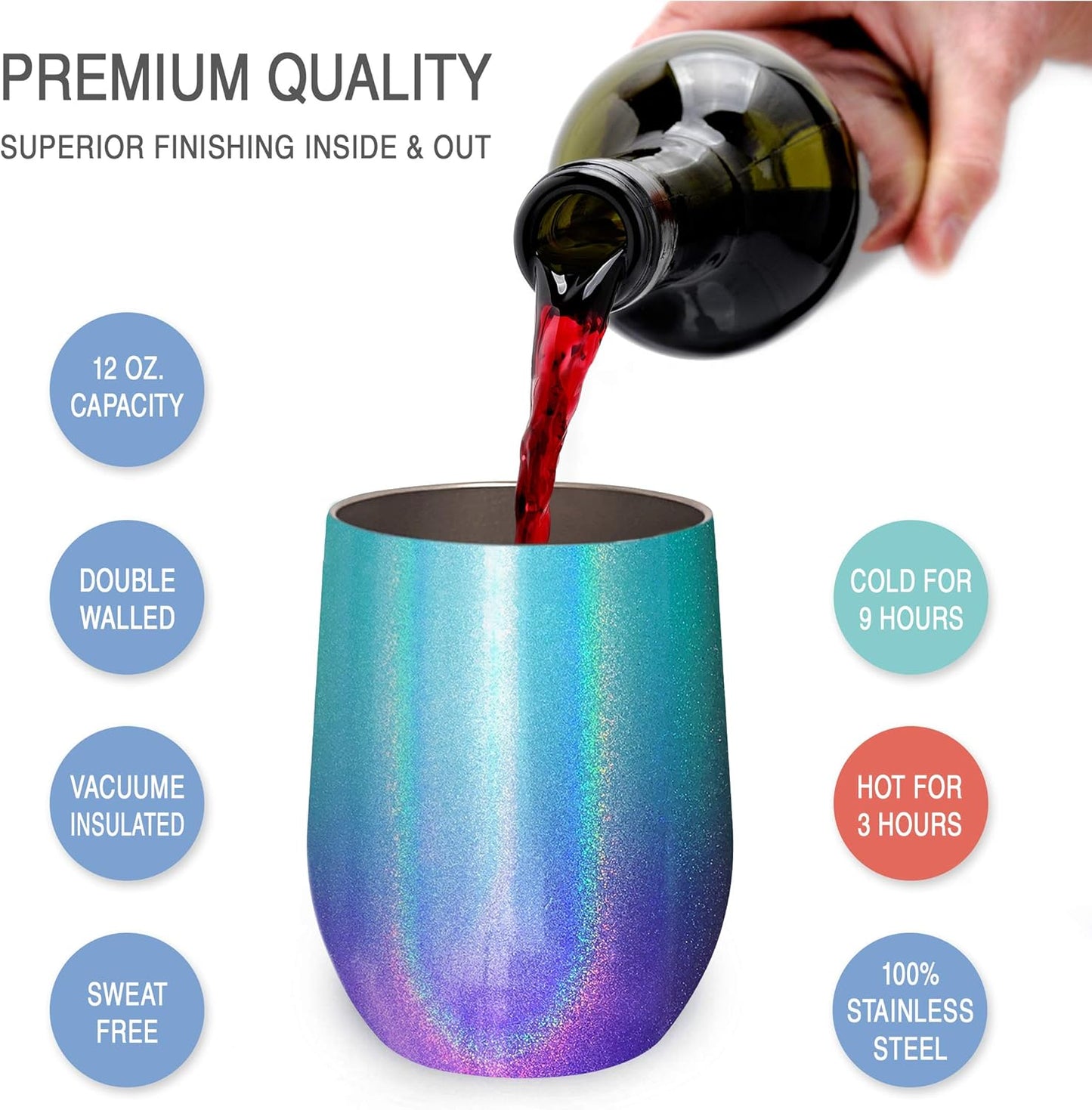 Stainless Steel Wine Tumblers 2 Pack 12 Oz - Double Wall Vacuum Insulated Wine Cups with Lids and Straws Set for Coffee, Wine, Cocktails (Mermaid Sparkle)