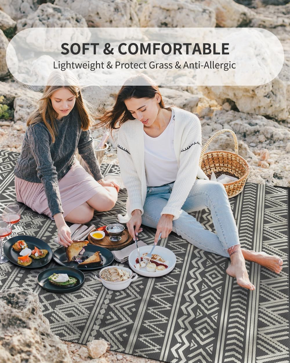 Reversible Outdoor Rug for Camping Boho Grey