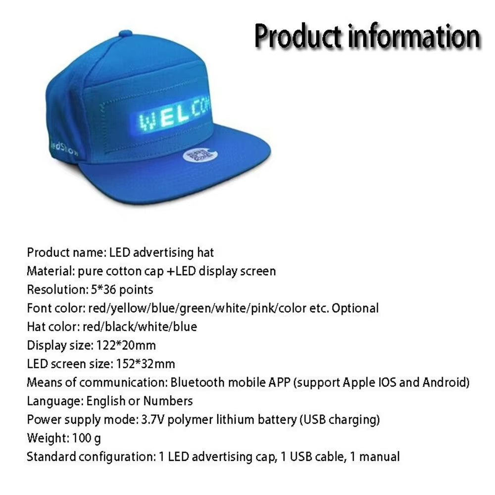 Programmable Custom LED Scrolling Message Baseball Cap - Bluetooth App Control