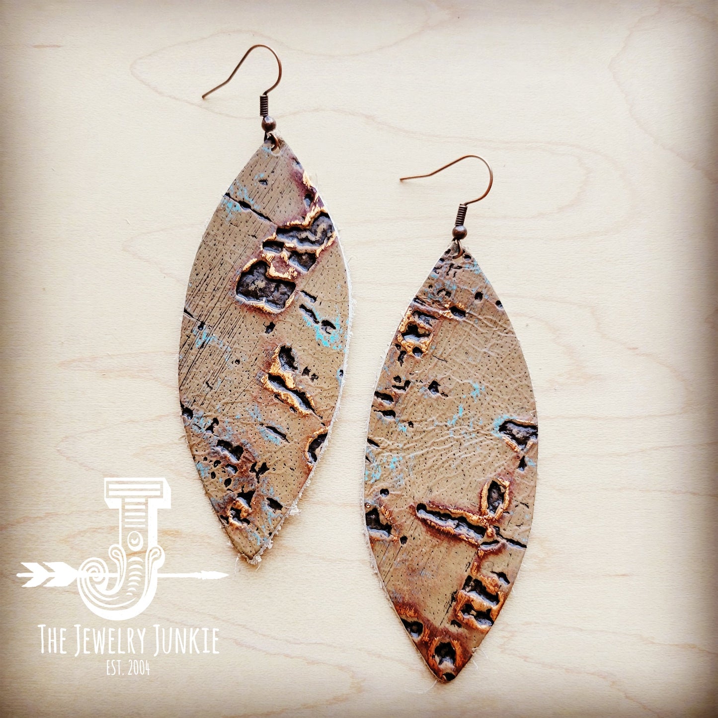 Narrow Leather Oval Earrings-Driftwood Tarnished Copper 210e