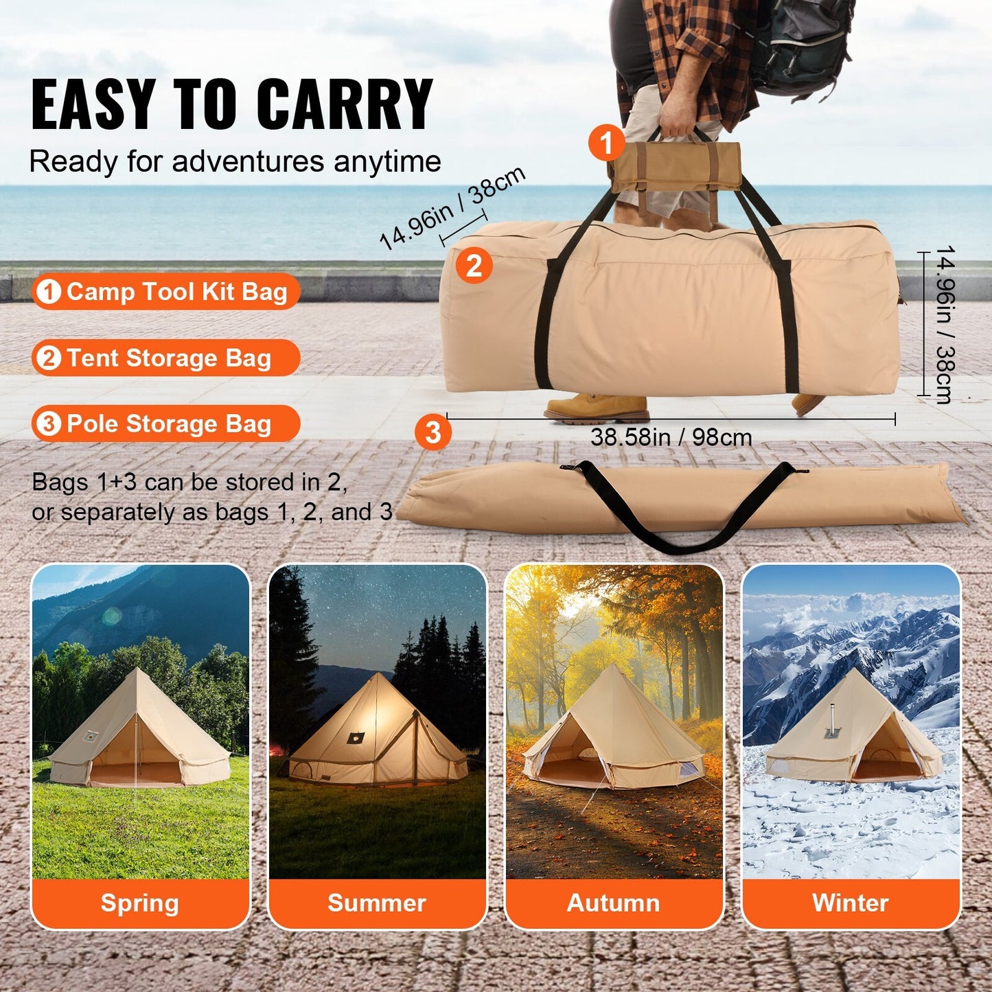Canvas Bell Tent 3M, 4M, 5M, 6M, or 7M Camping Yurt with Stove Jack