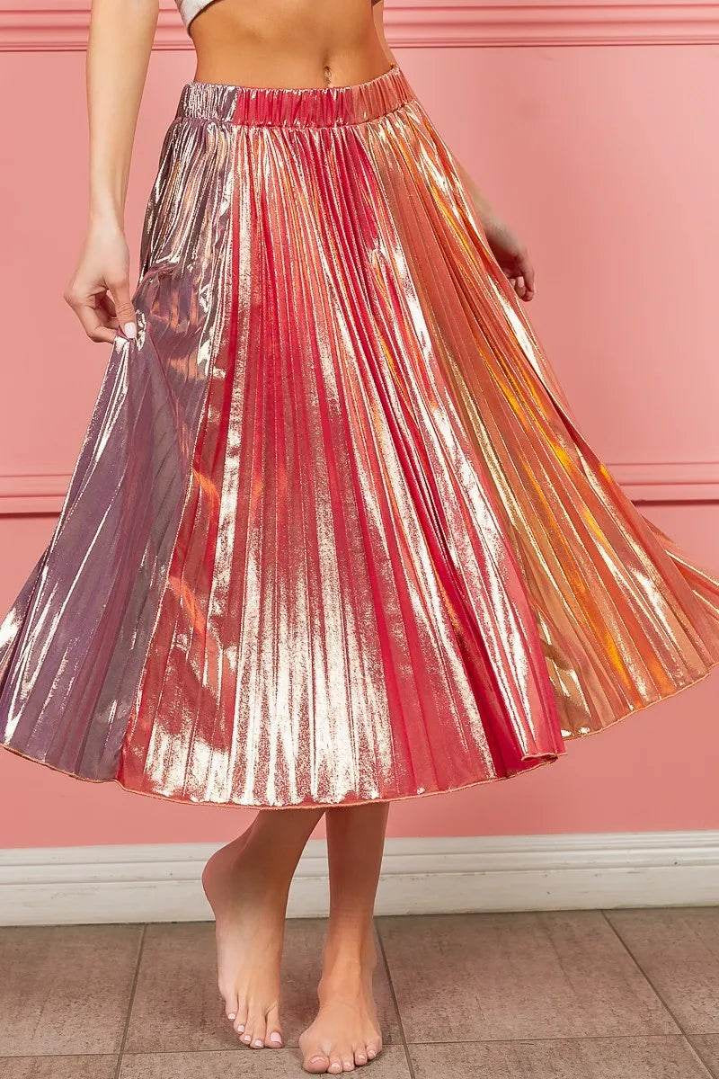Bibi Metallic Color Block Pleats Midi Skirt