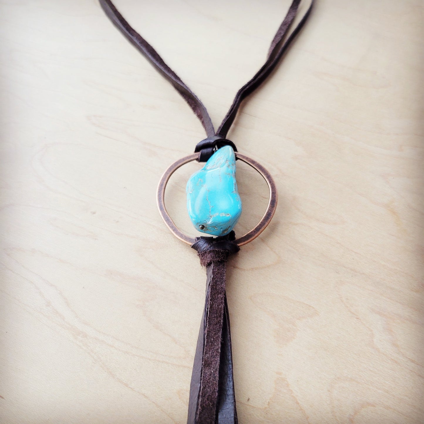 Brown Boho Leather Necklace w/ Large Turquoise Chunky Pendant 261m
