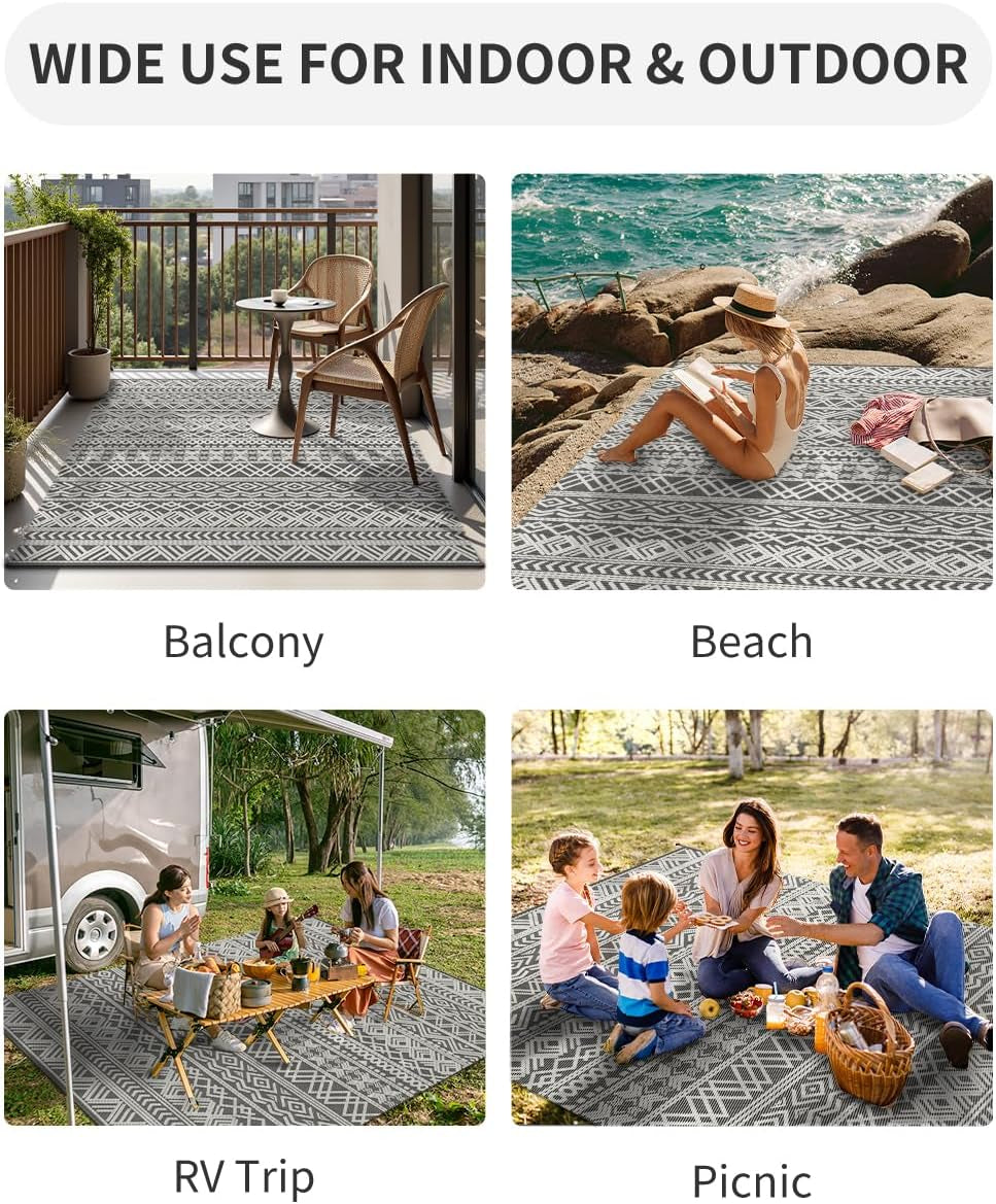Reversible Outdoor Rug for Camping Boho Grey