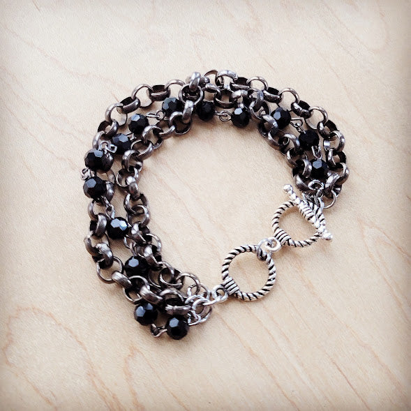 Black Faceted Triple Strand Beaded Bracelet