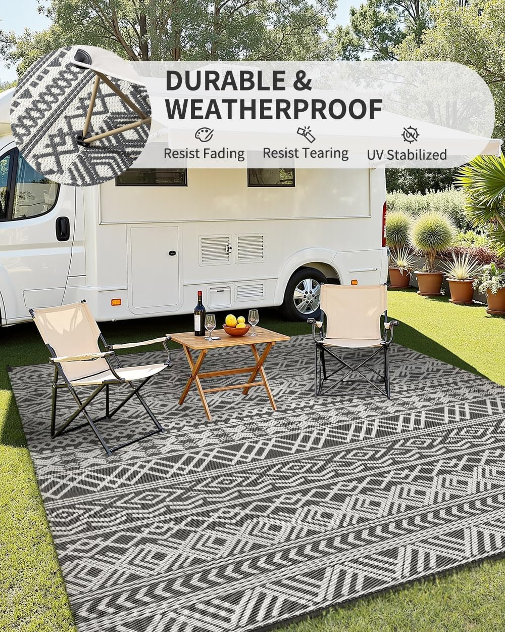 Reversible Outdoor Rug for Camping Boho Grey