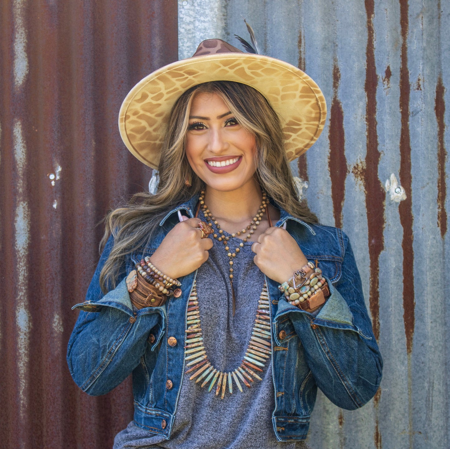 Double Strand Lariat Picture Jasper Necklace w/ Copper Feather 250u