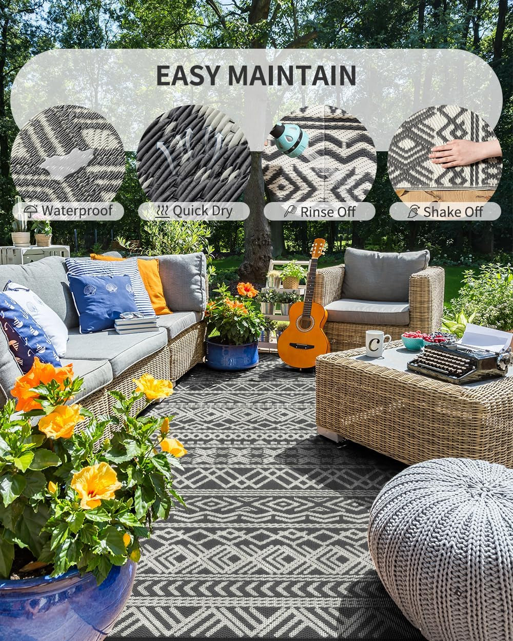 Reversible Outdoor Rug for Camping Boho Grey
