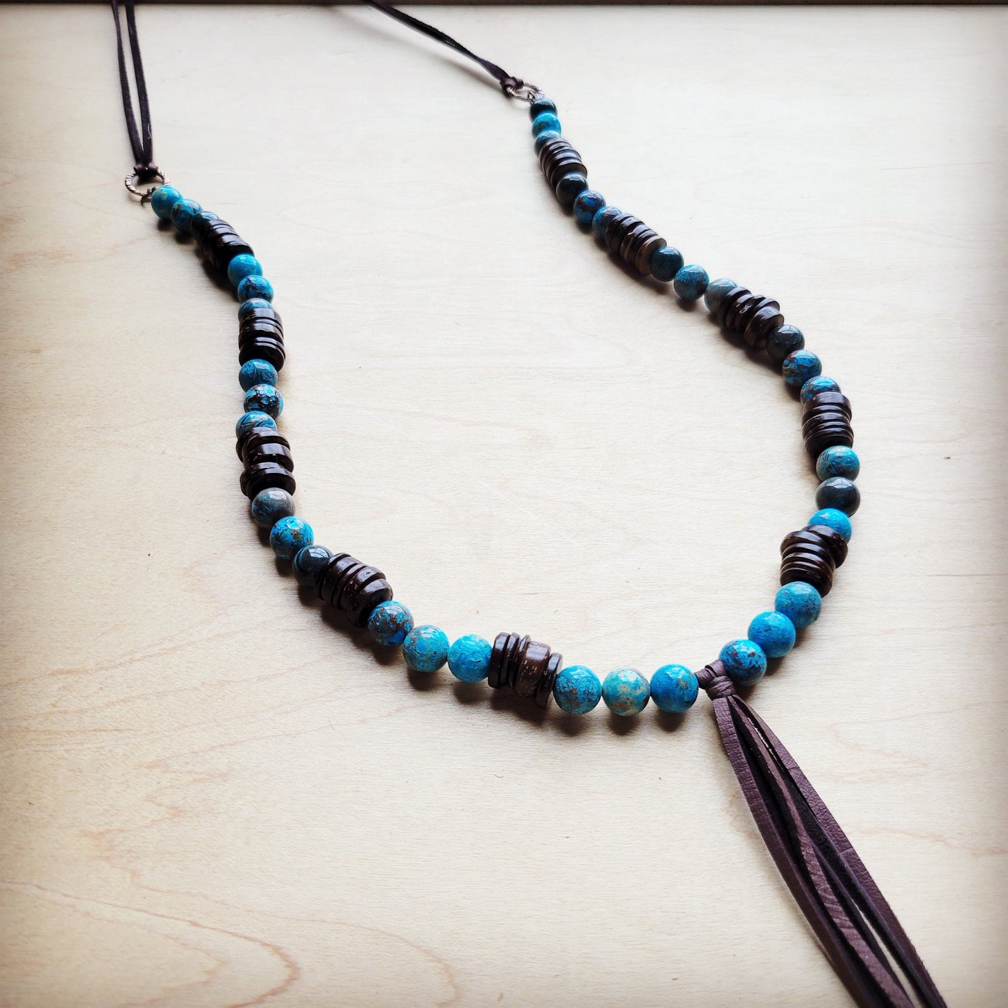 Ocean Agate Necklace with Wood Beads and Leather Tassel 260b