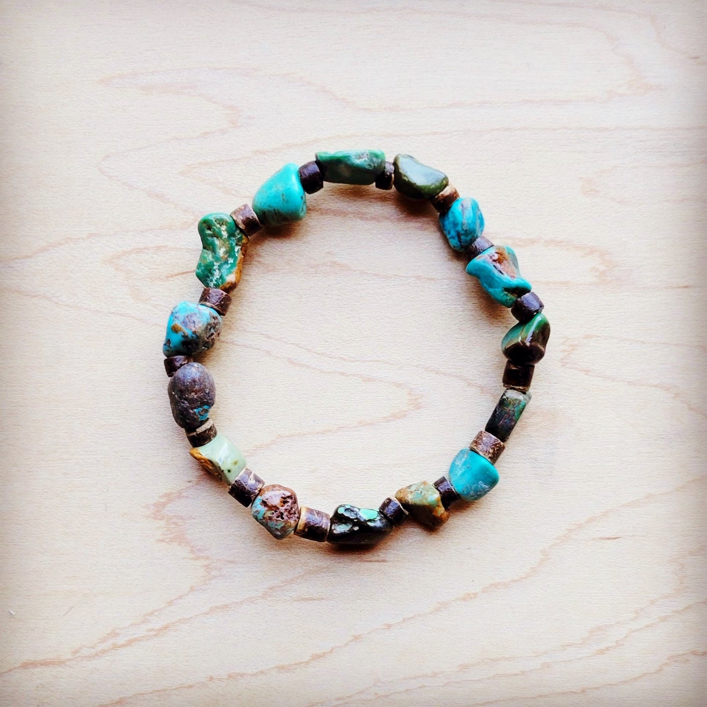 Genuine HuBei Natural Turquoise Beaded Bracelet w/ Wood 810f