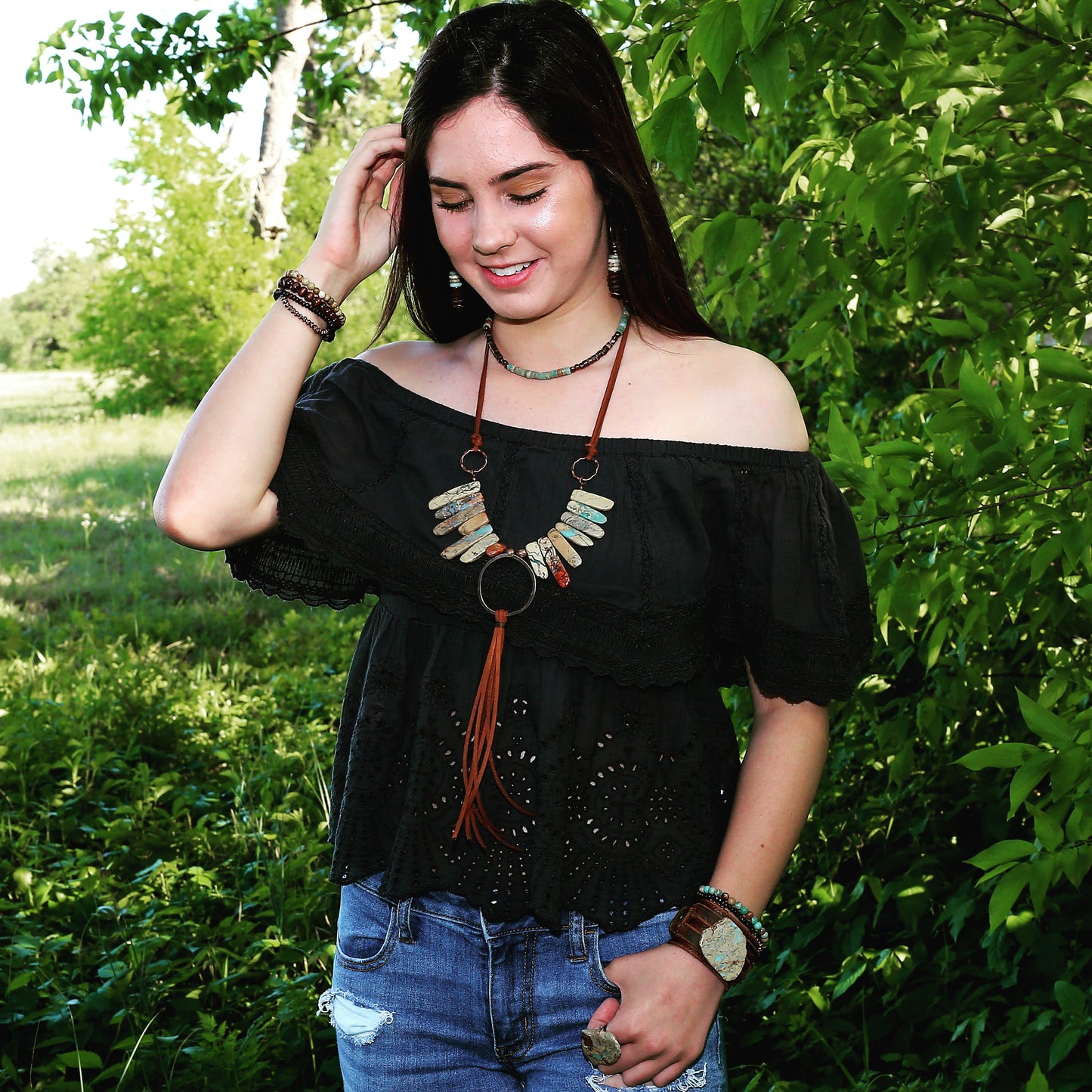 Aqua Terra Necklace w/ Hammered Copper Hoop and Long Fringe 225o