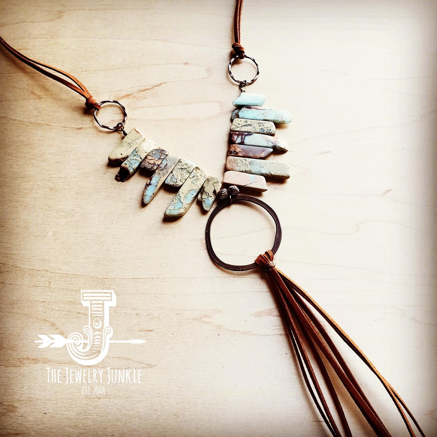Aqua Terra Necklace w/ Hammered Copper Hoop and Long Fringe 225o