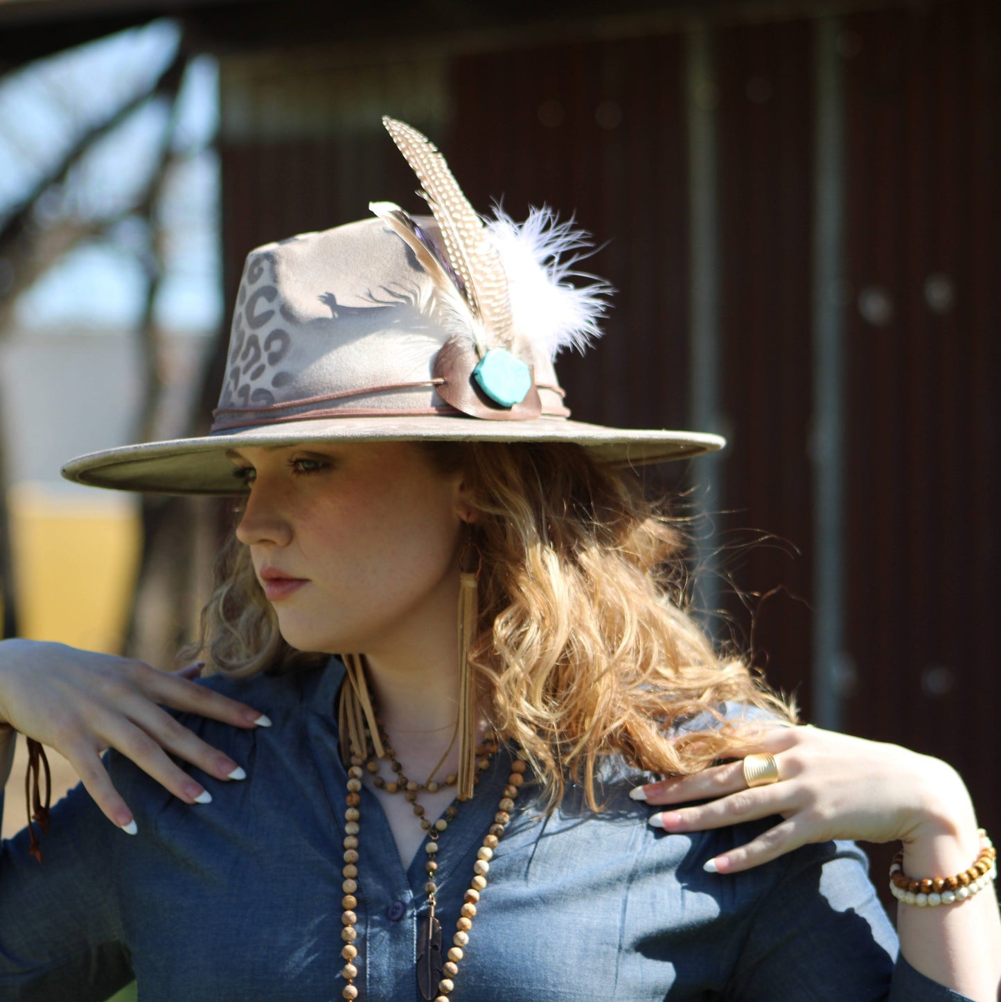Double Strand Lariat Picture Jasper Necklace w/ Copper Feather 250u