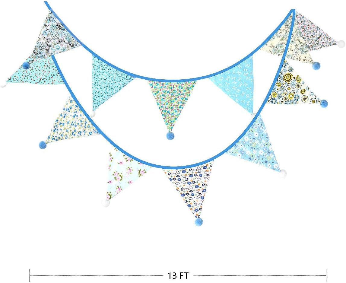 13Ft Fabric Triangle Bunting Flag Banner Kit With Vintage Floral Pattern and Pom Poms