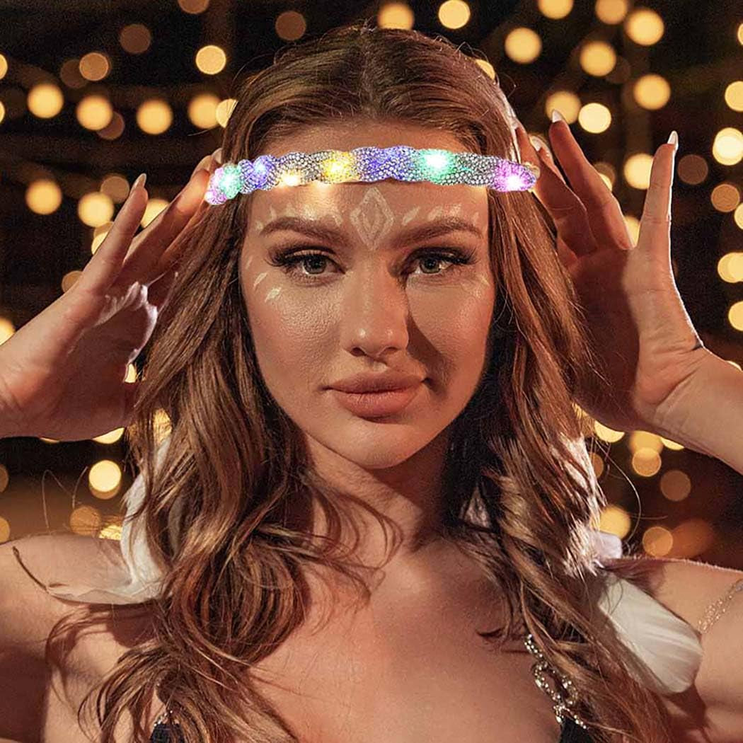 Light up Rhinestone Headband LED Rave Headpiece Glow Silver Crystal for Women