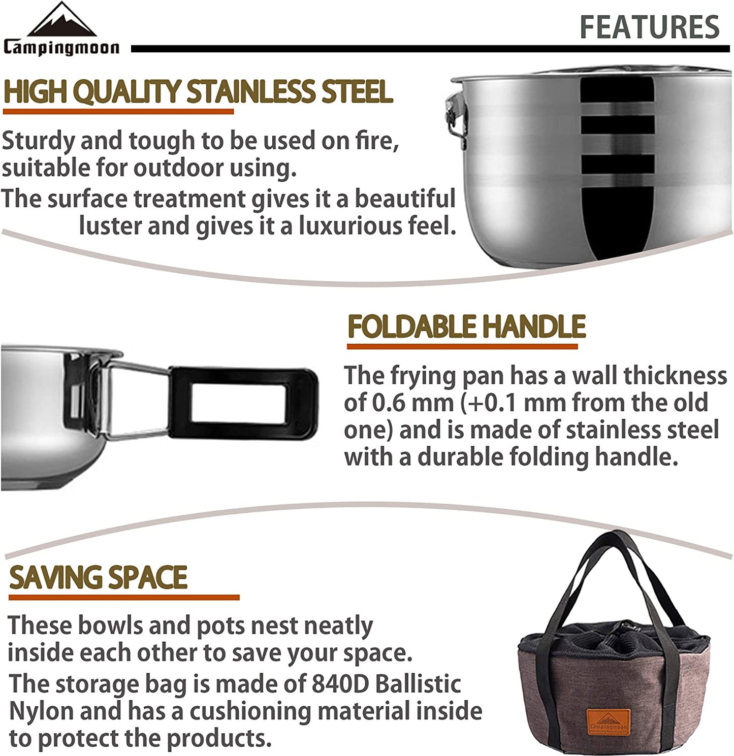 Camping Cookware Nesting Set - Stainless Steel with Storage Carrying Tote Bag