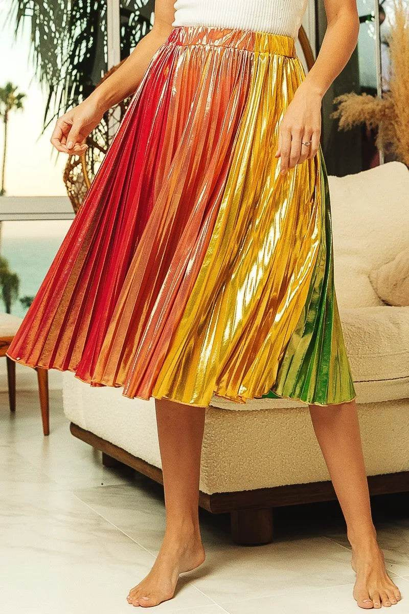 Bibi Metallic Color Block Pleats Midi Skirt