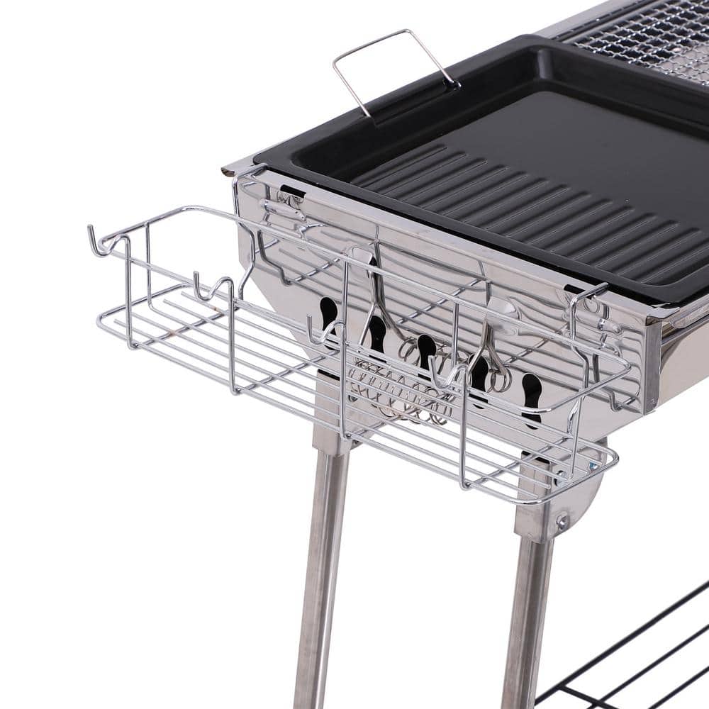 Portable Folding Charcoal BBQ Grill in Silver Stainless Steel - Camp Cooker with a Large Non-Stick Cooking Space