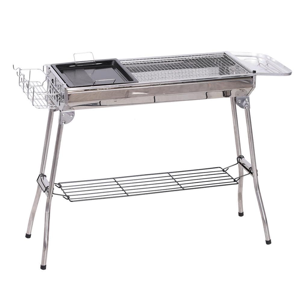 Portable Folding Charcoal BBQ Grill in Silver Stainless Steel - Camp Cooker with a Large Non-Stick Cooking Space