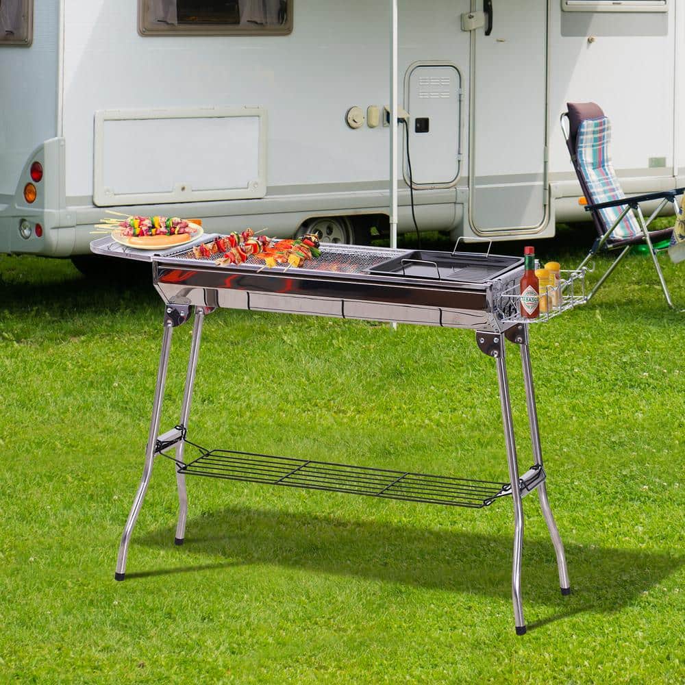Portable Folding Charcoal BBQ Grill in Silver Stainless Steel - Camp Cooker with a Large Non-Stick Cooking Space