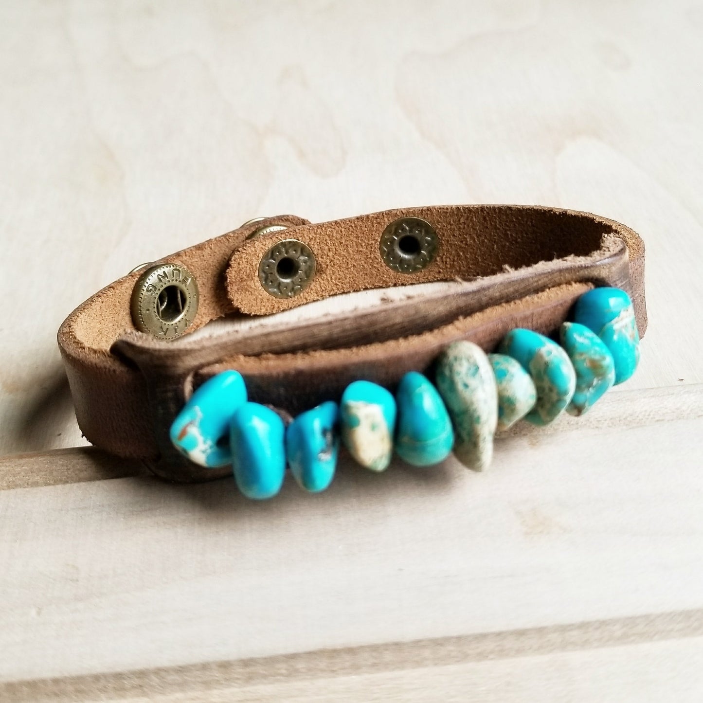 Genuine Leather Narrow Cuff with Turquoise Regalite Stones 006v