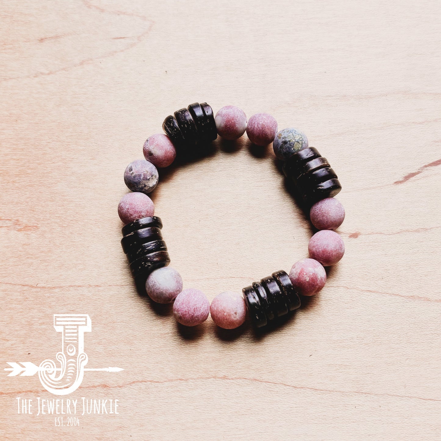 Frosted Marble Jasper and Wood Stretch Bracelet (808z)