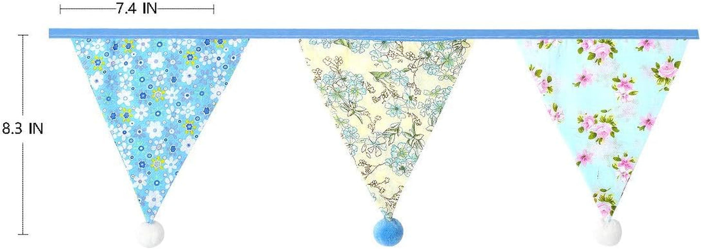 13Ft Fabric Triangle Bunting Flag Banner Kit With Vintage Floral Pattern and Pom Poms