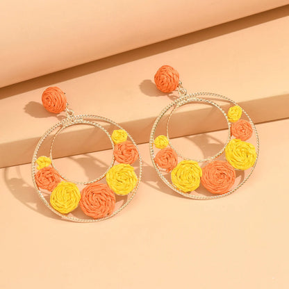 Bohemia Hit Color Round Earrings - Handmade Rattan Weave 