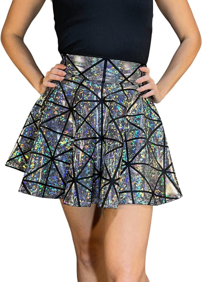 Holographic Silver Geometric Festival Skirt