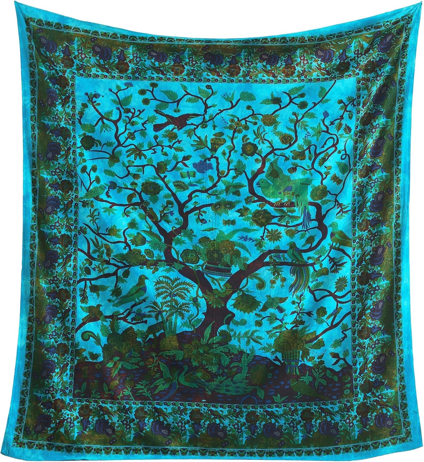 Tapestry Wall Hanging Tree of Life Hippie Mandala Bohemian Hippy Kaleidoscopic Intricate Floral Design Indian Tapestries Bedspread 84X90 Inches,(215Cm X 230Cm) Turquoise