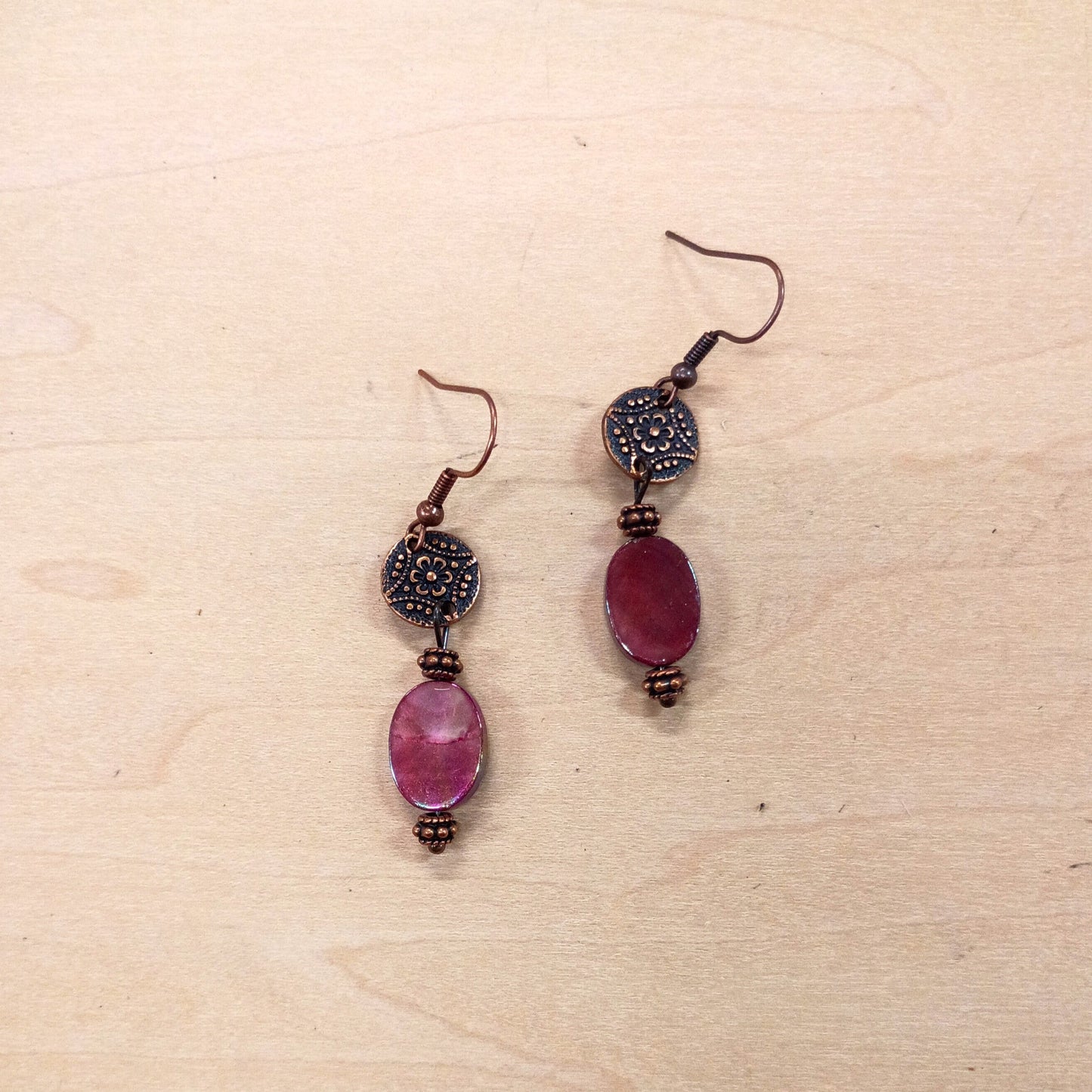 Natural Pink Jade Earrings w/ Copper Scroll Accent 225r