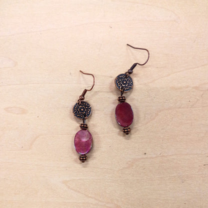 Natural Pink Jade Earrings w/ Copper Scroll Accent 225r