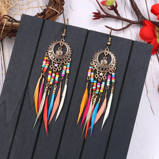 Bohemian Feather Earrings - Vintage Rainbow Colorful Beads 
