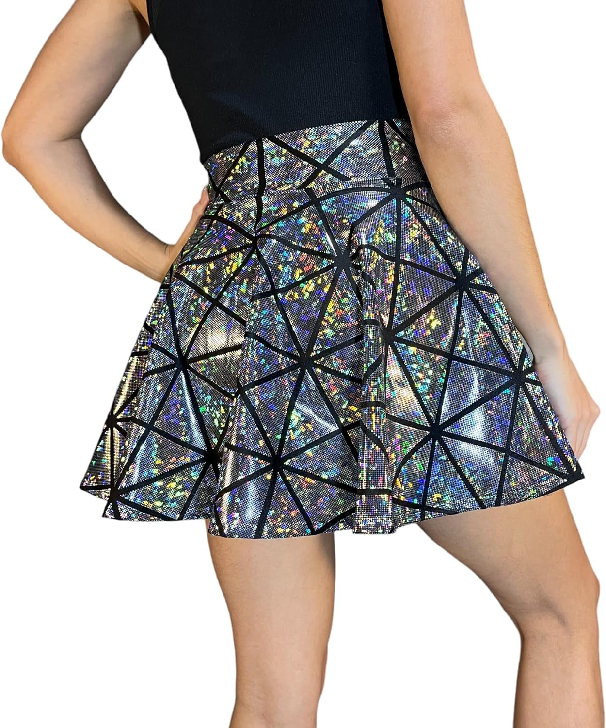 Holographic Silver Geometric Festival Skirt
