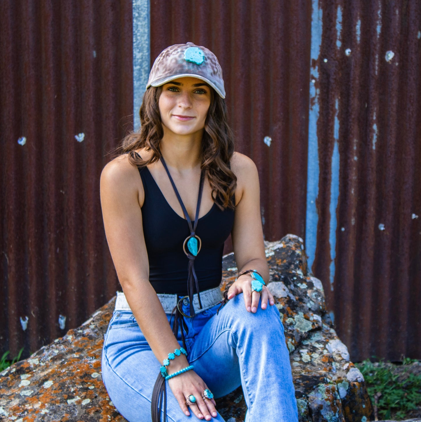 Brown Boho Leather Necklace w/ Large Turquoise Chunky Pendant 261m