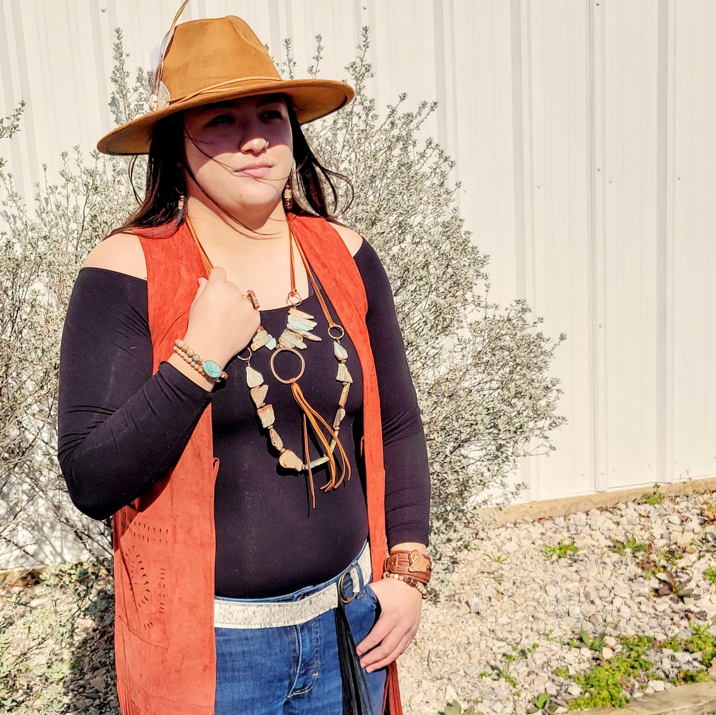Aqua Terra Necklace w/ Hammered Copper Hoop and Long Fringe 225o