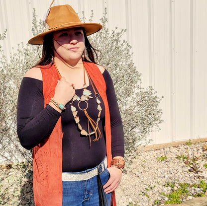 Aqua Terra Necklace w/ Hammered Copper Hoop and Long Fringe 225o