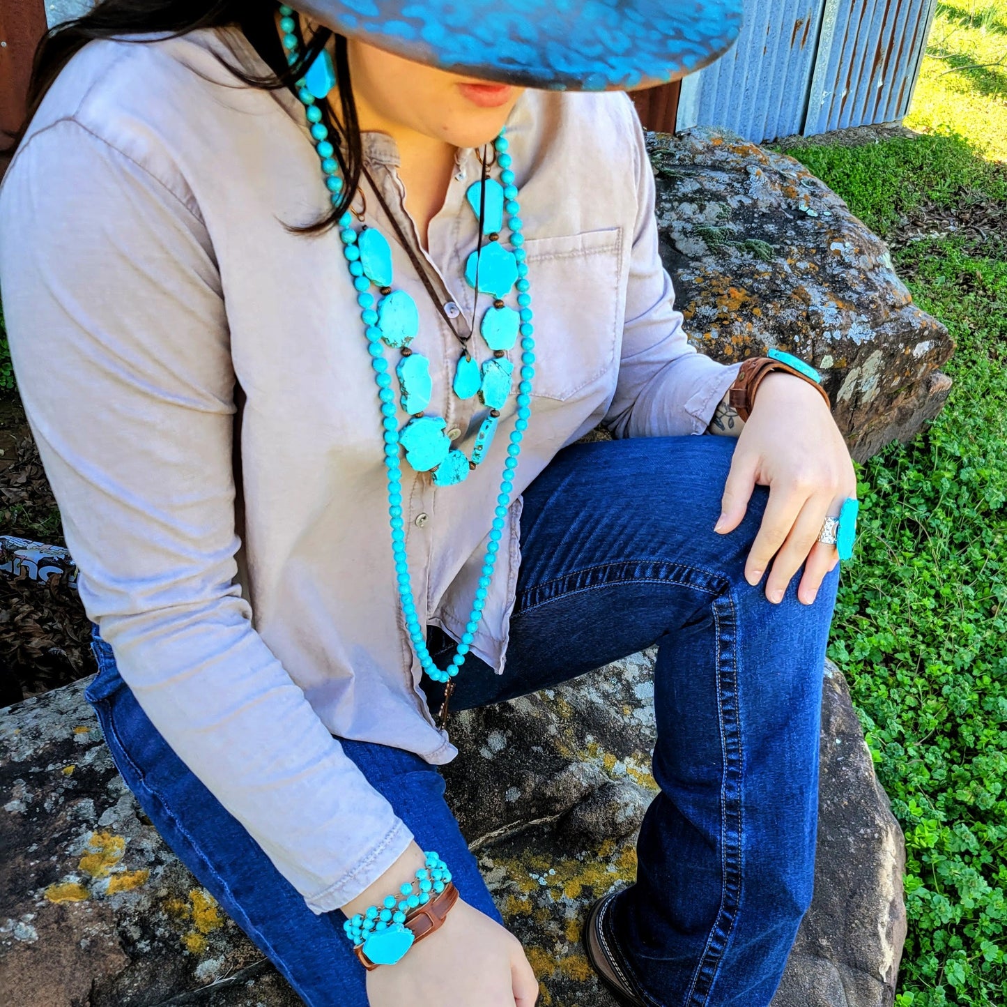 Blue Turquoise Slab on Narrow Leather Cuff 005W