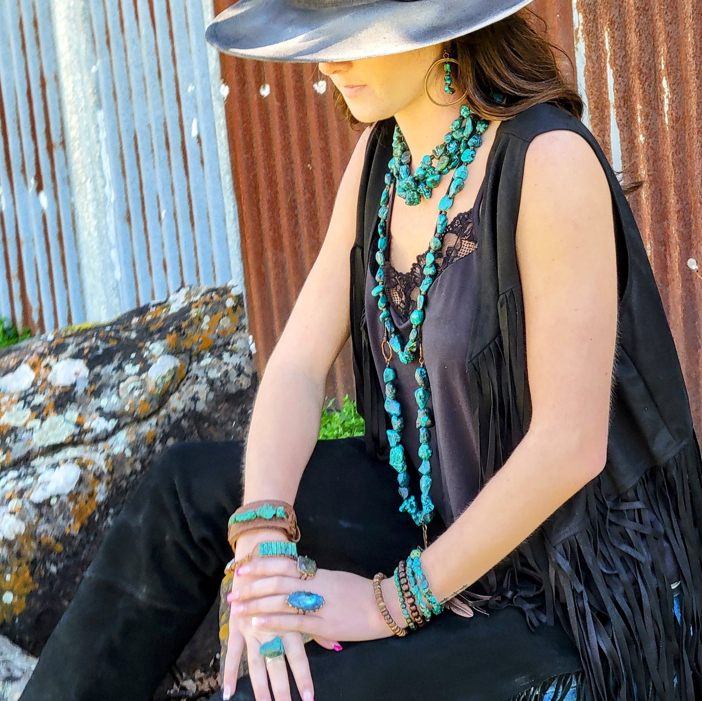 Natural Turquoise Chunk Statement Cuff Ring 012v