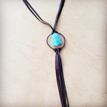 Brown Boho Leather Necklace w/ Large Turquoise Chunky Pendant 261m