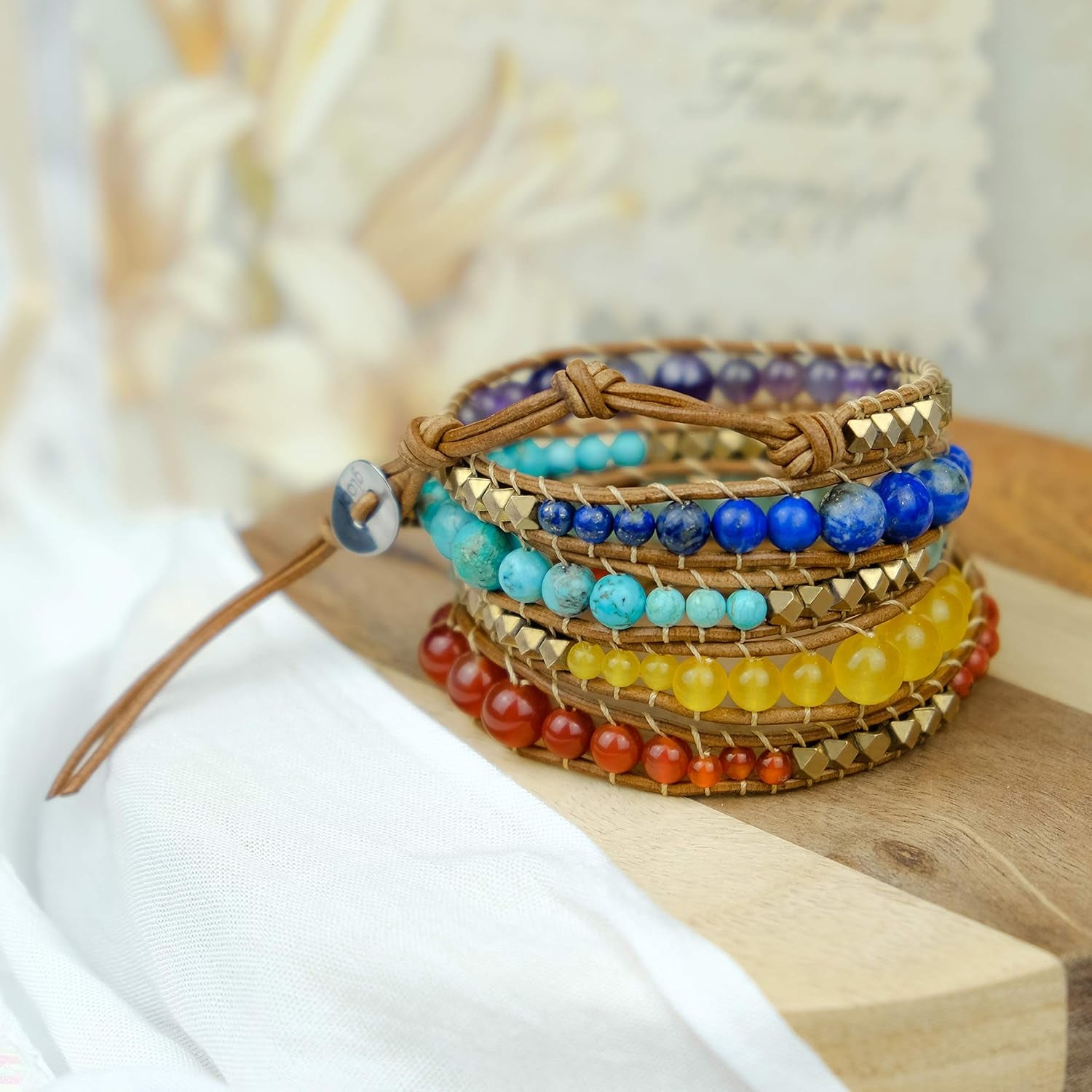 Natural Stone Wrap Bracelet for Women/Men | Adjustable Multilayer Genuine Leather Boho Handmade Beaded Bracelet