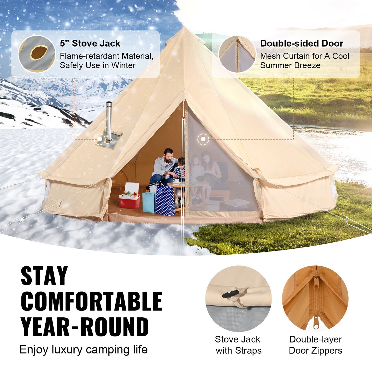 Canvas Bell Tent 3M, 4M, 5M, 6M, or 7M Camping Yurt with Stove Jack
