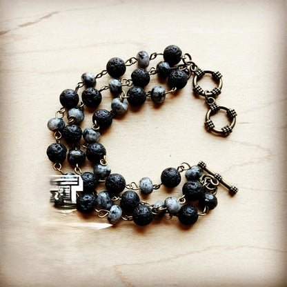 Labradorite and Lava Triple Strand Bracelet 808k