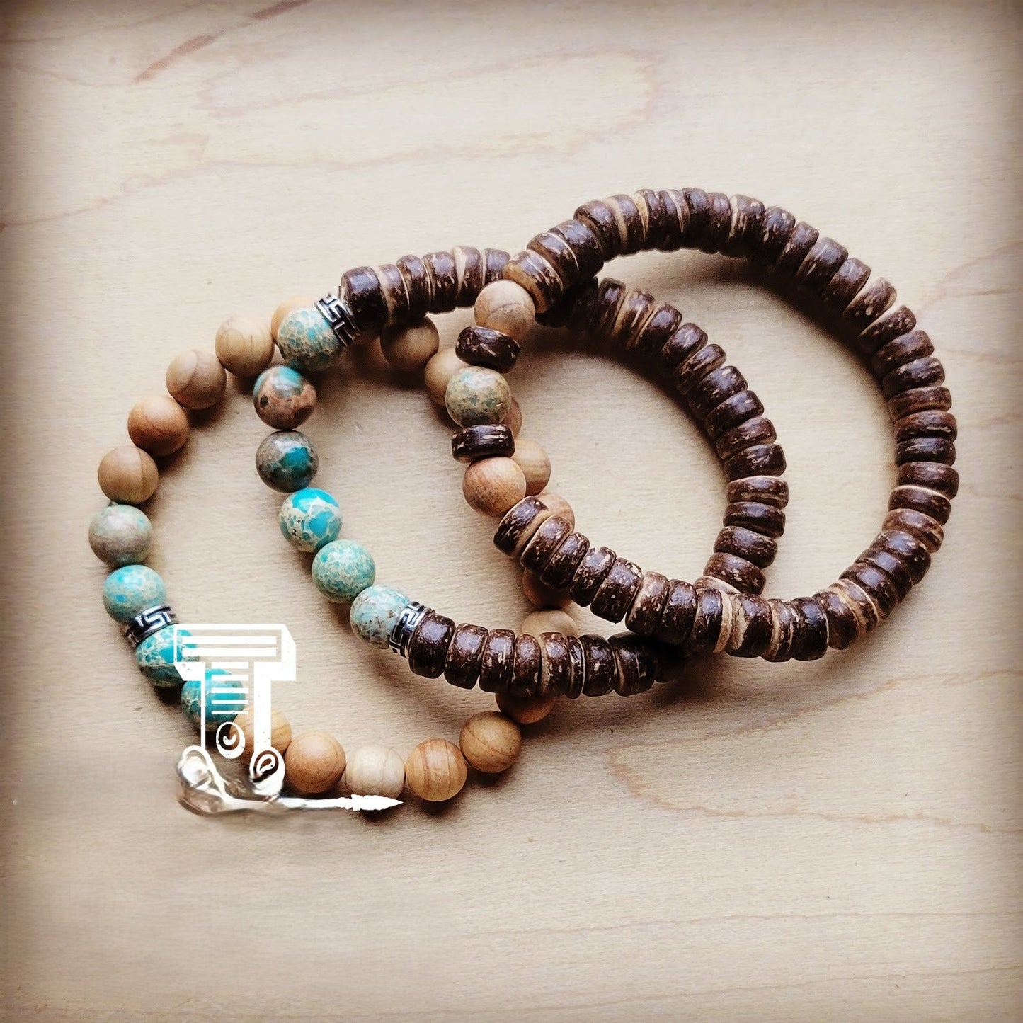 Wood and Imperial Jasper Stretch Bracelet Trio 808a