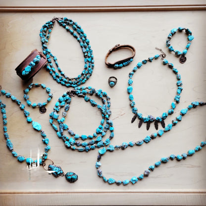 Large Triple Strand Blue Turquoise & Wood Collar Necklace 259g