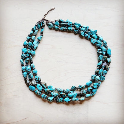 Triple Strand Blue Turquoise & Copper Collar Necklace 259e